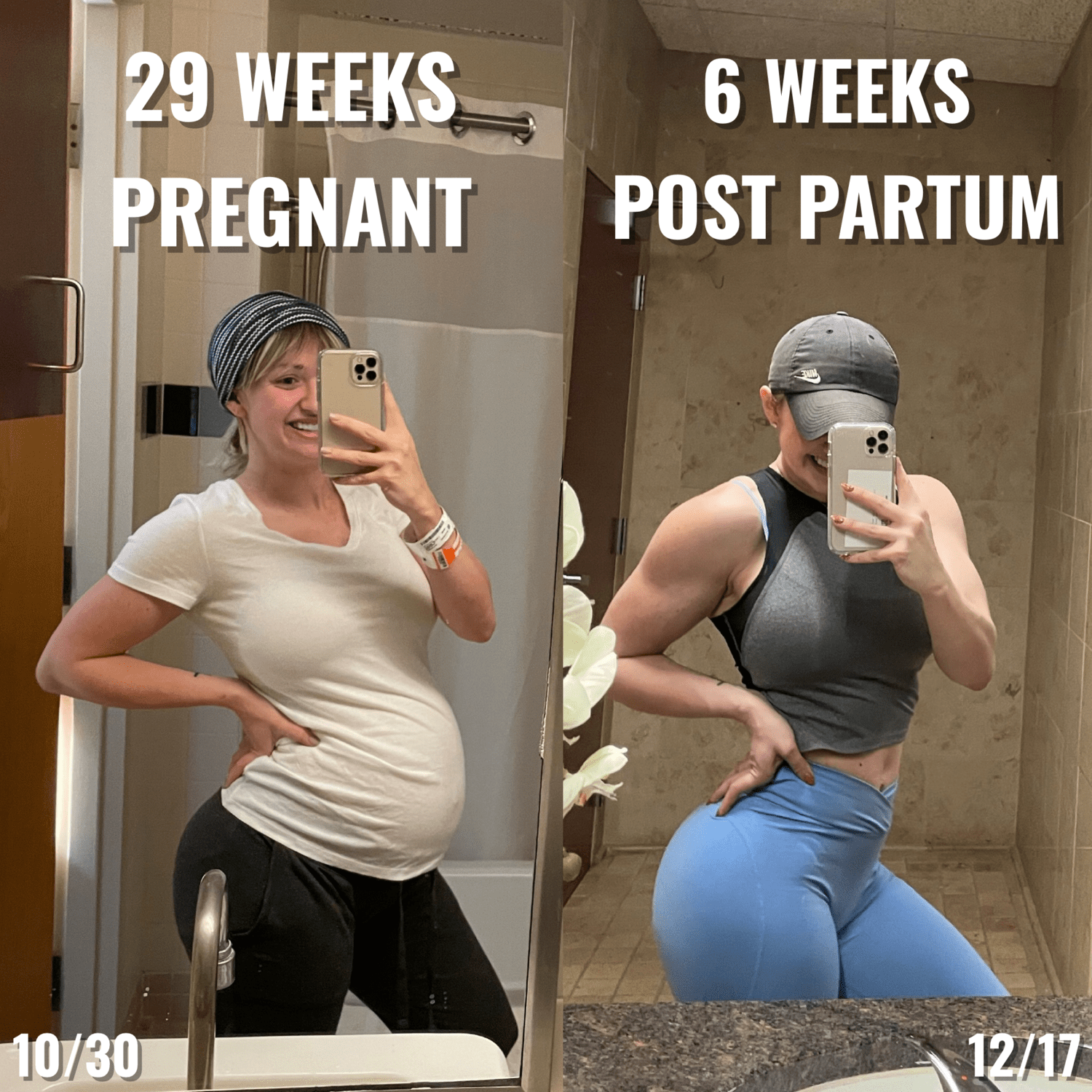 Comparison image of Anna Quinn 29 weeks pregnant and 6 weeks postpartum